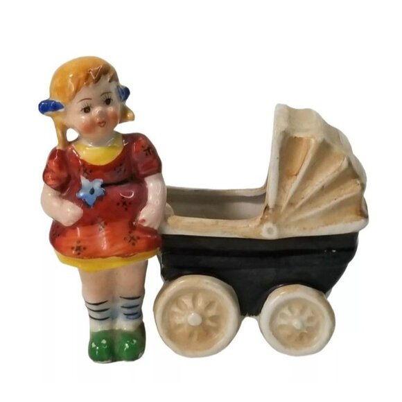 Vintage Ceramic Planter Hand Painted Girl With Pram Figurine Made In Japan Baby - Picture 1 of 6
